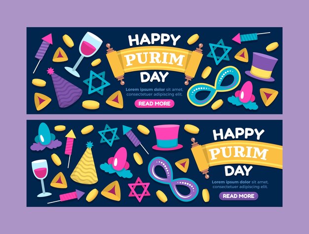 Conjunto de banners horizontales planos de purim.