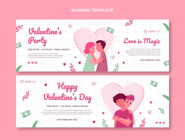 Vector gratuito conjunto de banners horizontales planos de san valentín