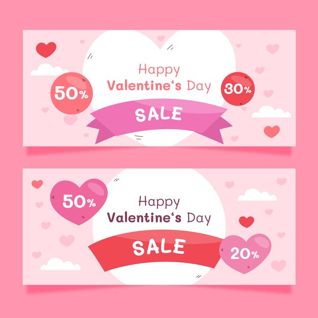 Conjunto de banners horizontales planos de san valentín
