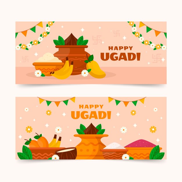 Conjunto de banners horizontales planos ugadi