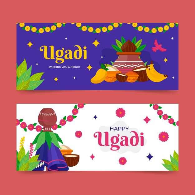 Conjunto de banners horizontales planos ugadi