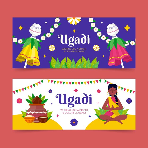 Conjunto de banners horizontales planos ugadi