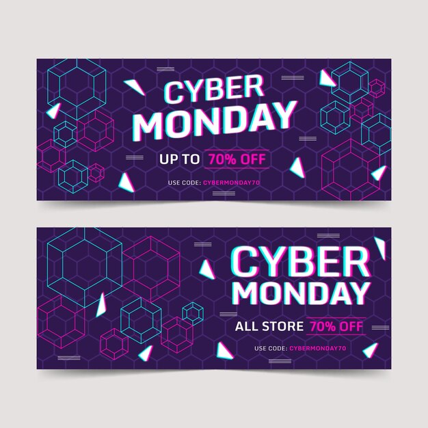 Conjunto de banners horizontales poligonales planos cyber monday