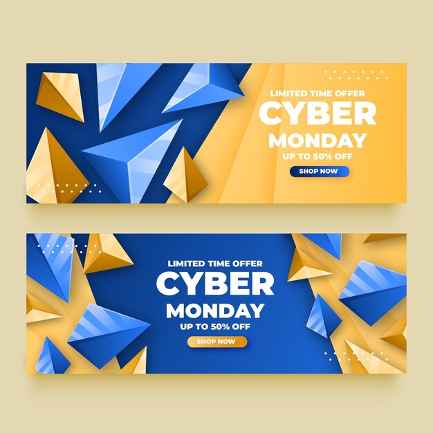 Conjunto de banners horizontales poligonales realistas de cyber monday