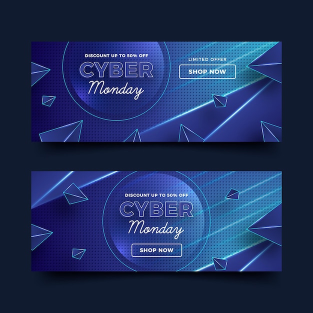 Conjunto de banners horizontales poligonales realistas de cyber monday