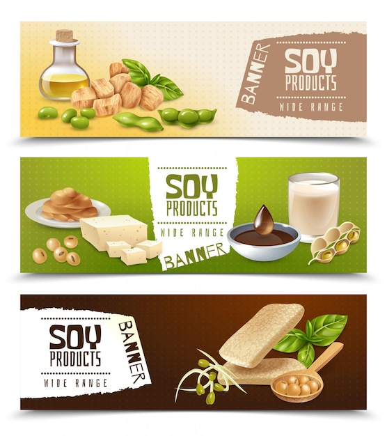 Conjunto de banners horizontales con productos alimenticios de soja aislados en color