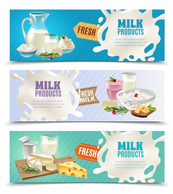 Conjunto de Banners horizontales de productos lácteos