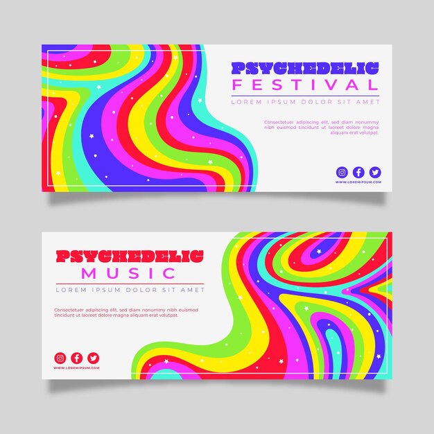 Conjunto de banners horizontales psicodélicos maravillosos planos dibujados a mano