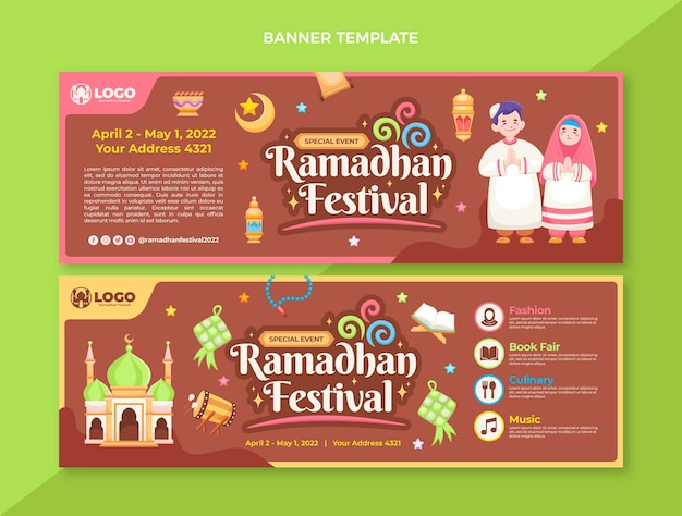 Conjunto de banners horizontales de ramadán plano