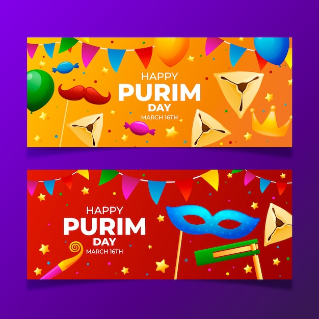 Conjunto de banners horizontales realistas de purim