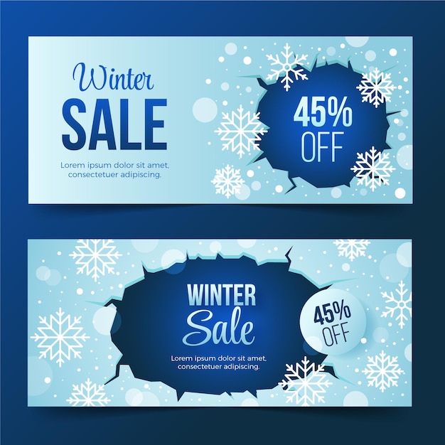 Conjunto de banners horizontales de rebajas de invierno degradado