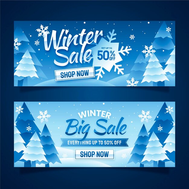 Conjunto de banners horizontales de rebajas de invierno degradado