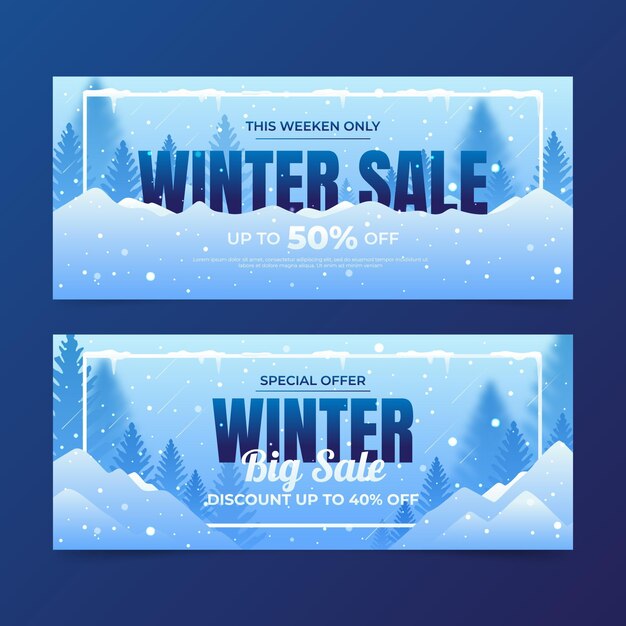 Conjunto de banners horizontales de rebajas de invierno degradado