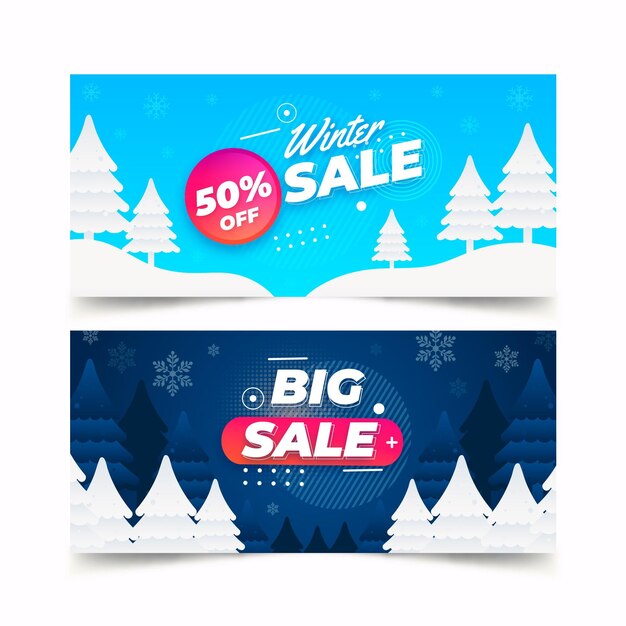 Conjunto de banners horizontales de rebajas de invierno degradado
