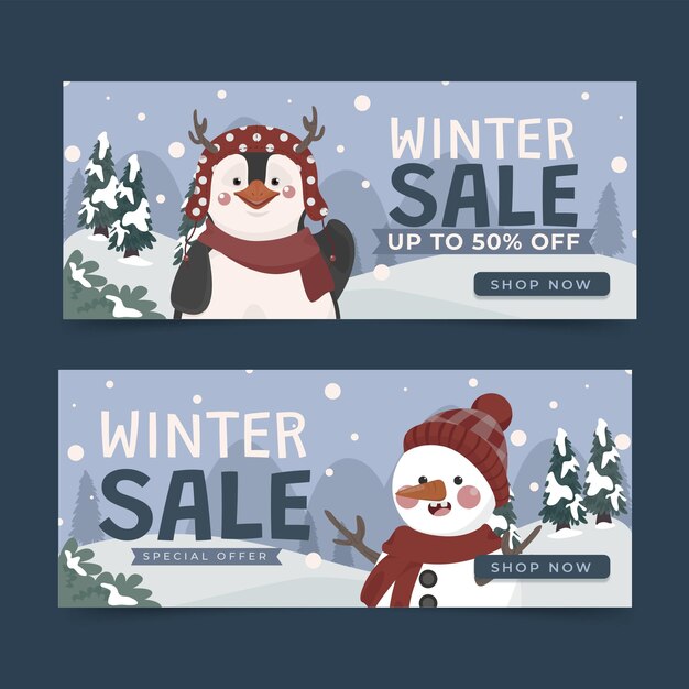 Conjunto de banners horizontales de rebajas de invierno dibujados a mano
