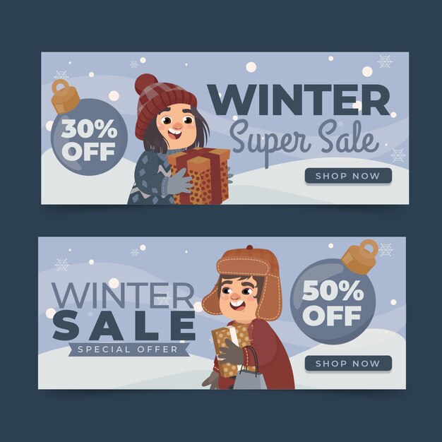 Conjunto de banners horizontales de rebajas de invierno dibujados a mano