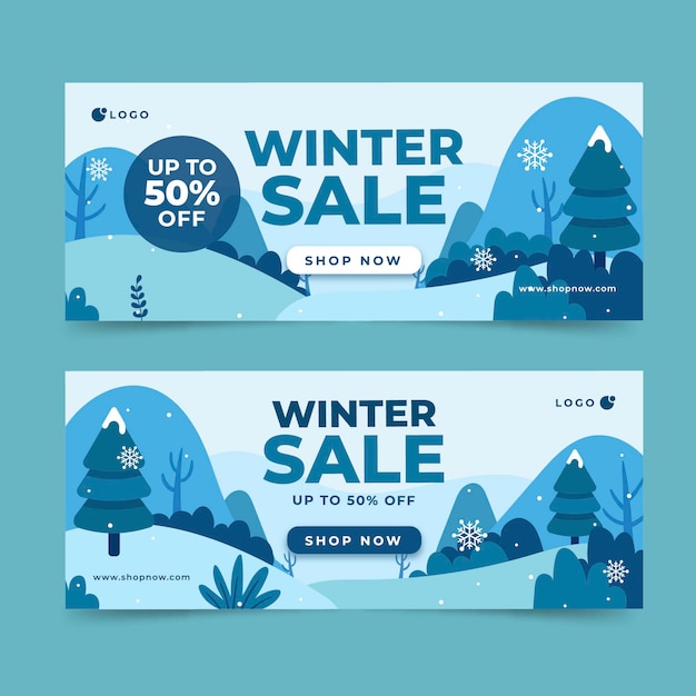 Conjunto de banners horizontales de rebajas de invierno plano dibujado a mano