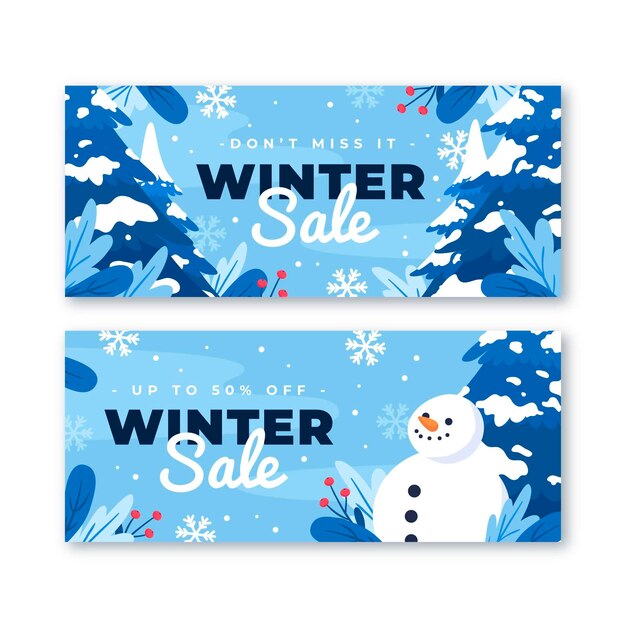 Conjunto de banners horizontales de rebajas de invierno plano dibujado a mano