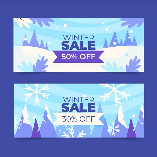 Conjunto de banners horizontales de rebajas de invierno plano dibujado a mano