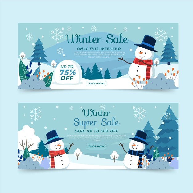 Conjunto de banners horizontales de rebajas de invierno plano dibujado a mano