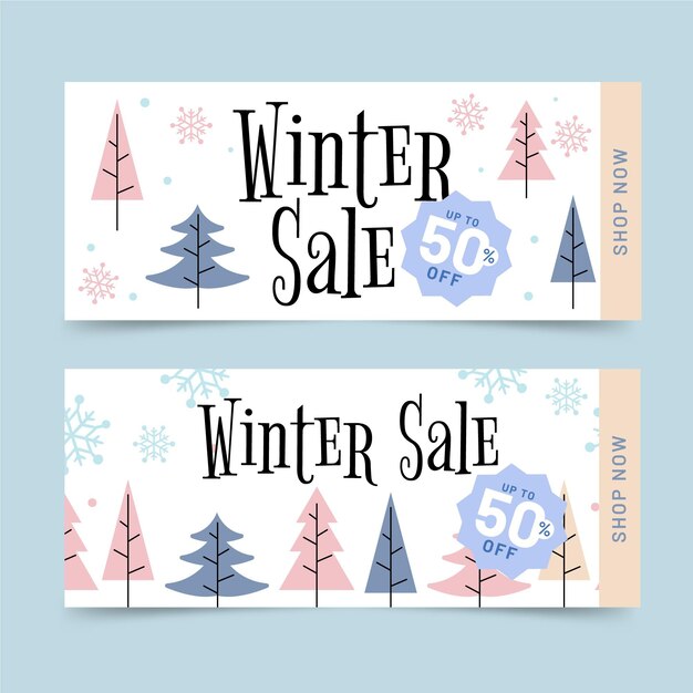 Conjunto de banners horizontales de rebajas de invierno plano dibujado a mano
