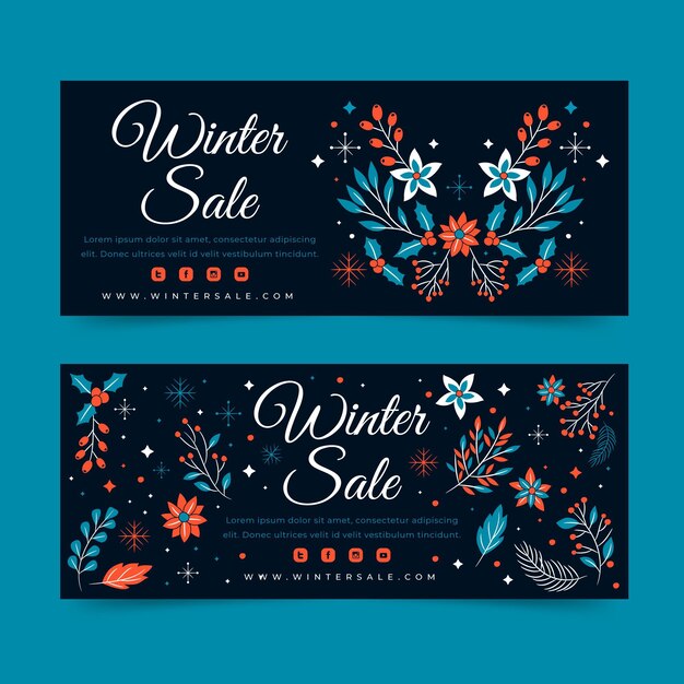 Conjunto de banners horizontales de rebajas de invierno plano dibujado a mano