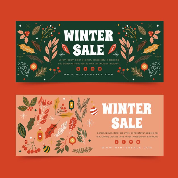 Vector gratuito conjunto de banners horizontales de rebajas de invierno plano dibujado a mano