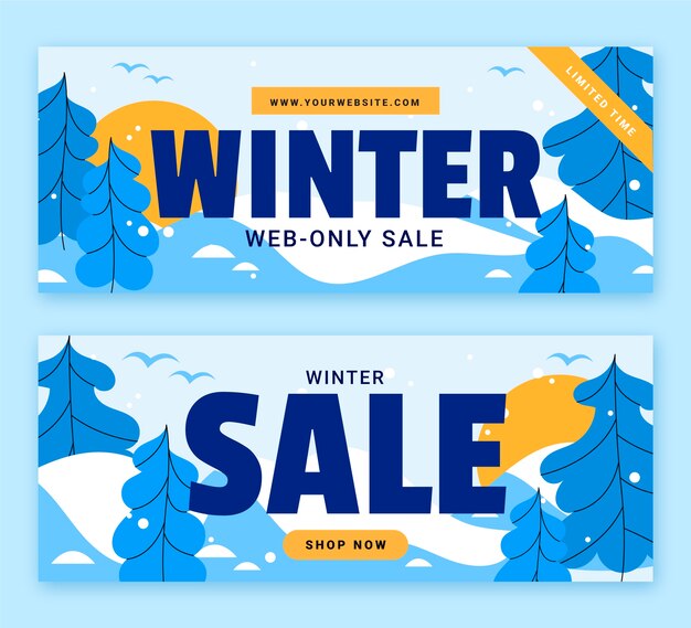 Conjunto de banners horizontales de rebajas de invierno plano dibujado a mano