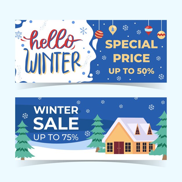 Conjunto de banners horizontales de rebajas de invierno plano dibujado a mano