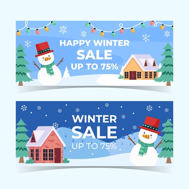 Conjunto de banners horizontales de rebajas de invierno plano dibujado a mano