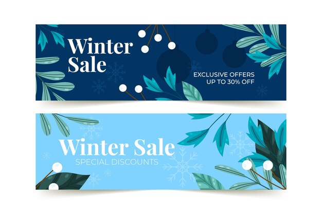 Conjunto de banners horizontales de rebajas de invierno plano dibujado a mano