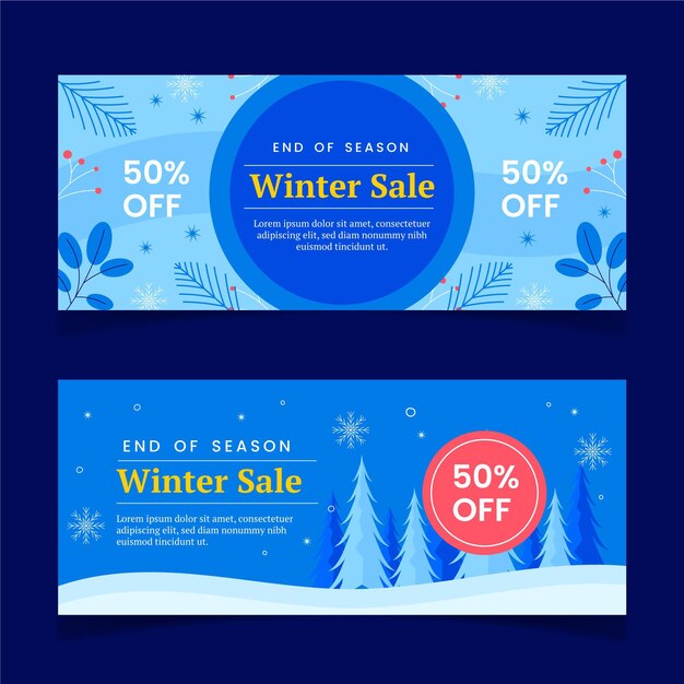 Conjunto de banners horizontales de rebajas de invierno plano dibujado a mano