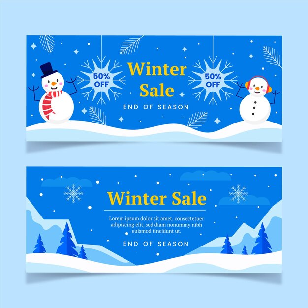 Conjunto de banners horizontales de rebajas de invierno plano dibujado a mano