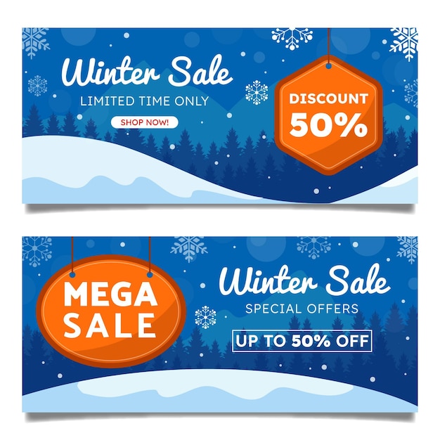 Conjunto de banners horizontales de rebajas de invierno plano dibujado a mano