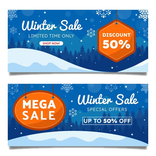 Conjunto de banners horizontales de rebajas de invierno plano dibujado a mano