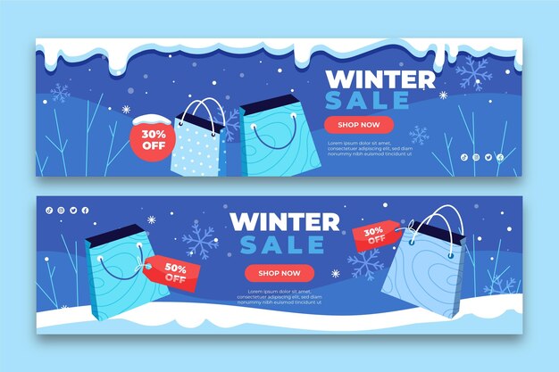 Conjunto de banners horizontales de rebajas de invierno plano dibujado a mano