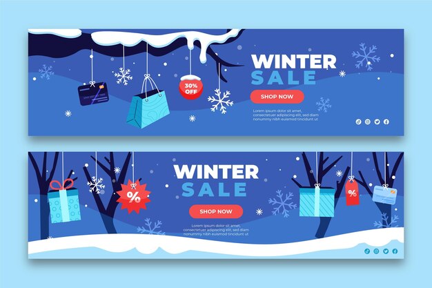 Conjunto de banners horizontales de rebajas de invierno plano dibujado a mano