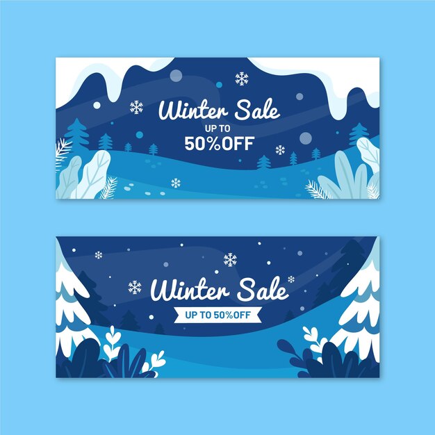 Conjunto de banners horizontales de rebajas de invierno plano dibujado a mano
