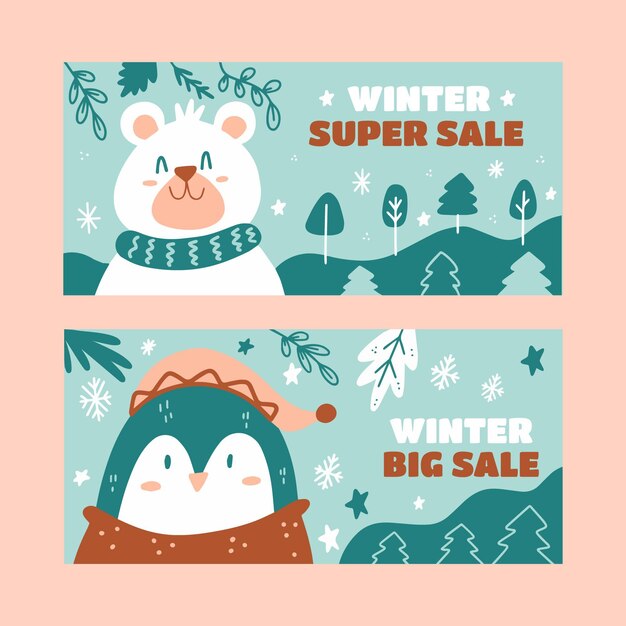 Conjunto de banners horizontales de rebajas de invierno plano dibujado a mano