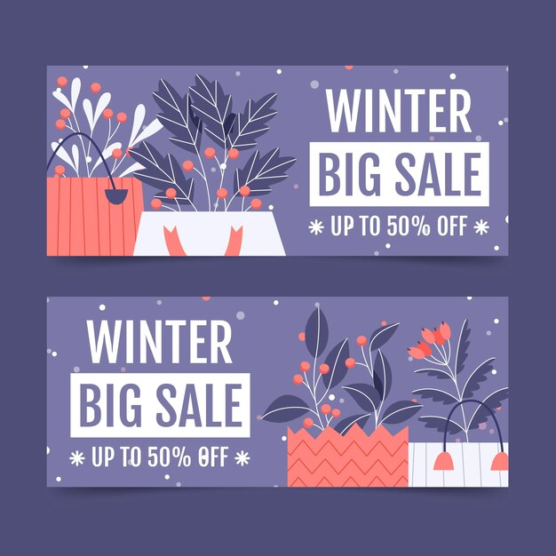 Conjunto de banners horizontales de rebajas de invierno plano dibujado a mano
