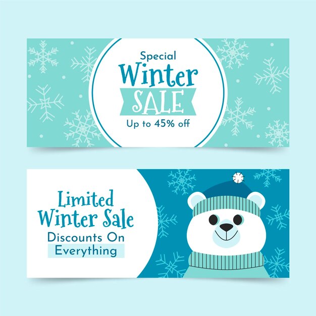 Conjunto de banners horizontales de rebajas de invierno plano dibujado a mano
