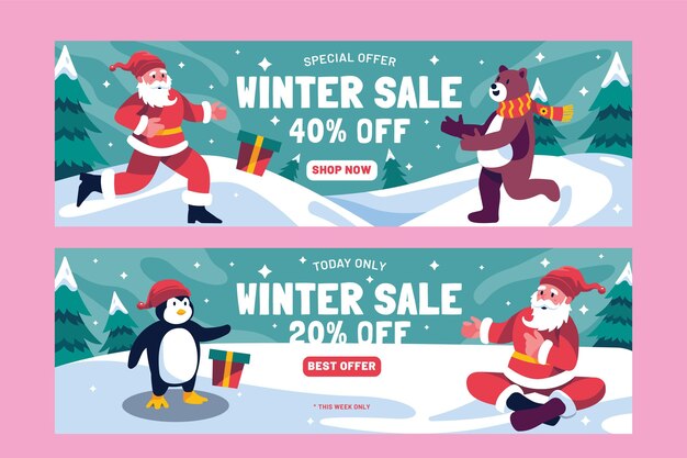 Conjunto de banners horizontales de rebajas de invierno plano dibujado a mano