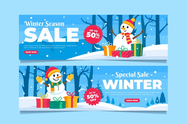 Conjunto de banners horizontales de rebajas de invierno plano dibujado a mano
