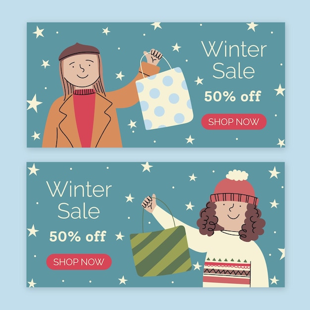 Vector gratuito conjunto de banners horizontales de rebajas de invierno plano dibujado a mano