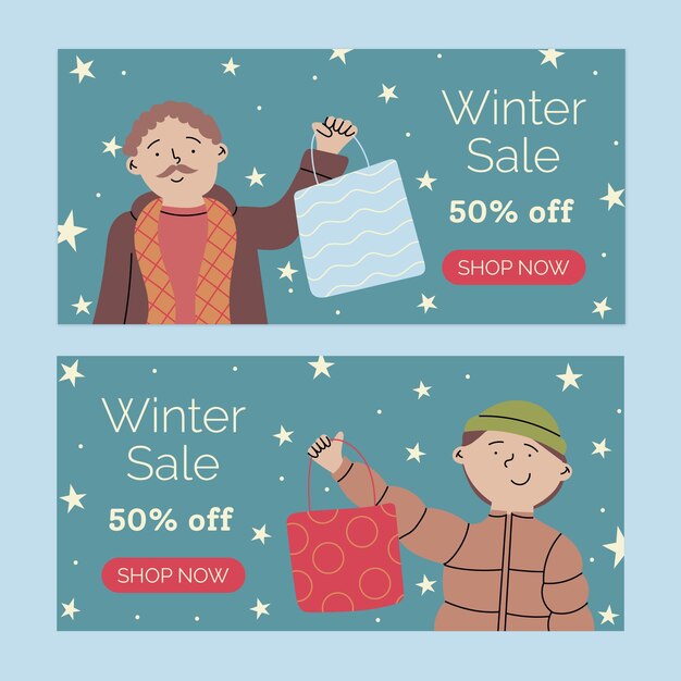 Conjunto de banners horizontales de rebajas de invierno plano dibujado a mano