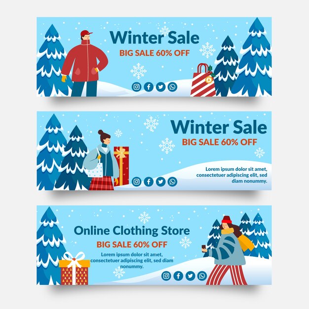 Conjunto de banners horizontales de rebajas de invierno plano dibujado a mano