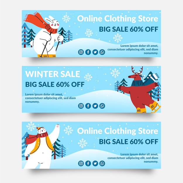 Conjunto de banners horizontales de rebajas de invierno plano dibujado a mano