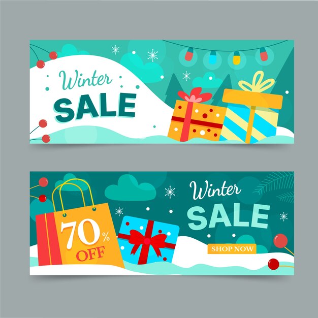 Conjunto de banners horizontales de rebajas de invierno plano dibujado a mano