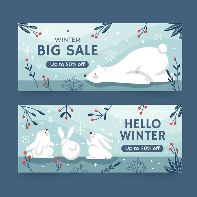 Conjunto de banners horizontales de rebajas de invierno plano dibujado a mano