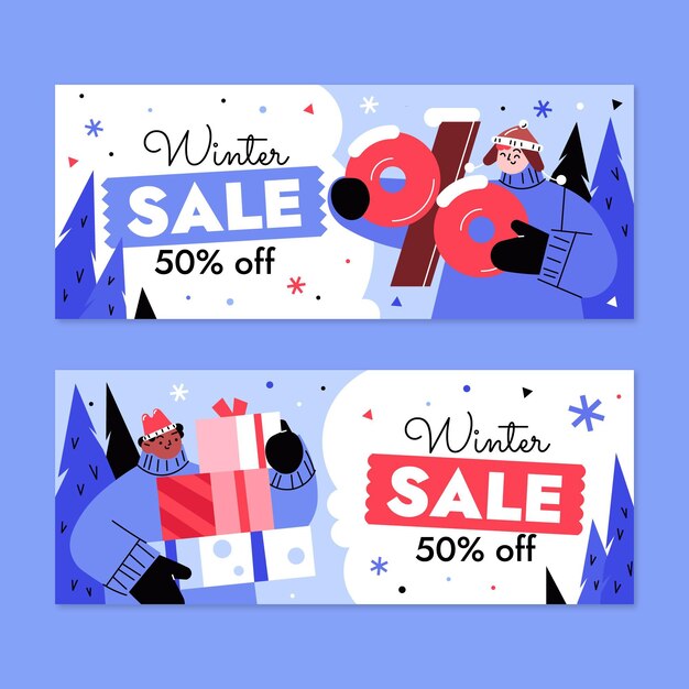 Conjunto de banners horizontales de rebajas de invierno plano dibujado a mano